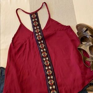 ANNIANNA Boho Racerback Embroidered Cropped Tank Top SMALL Burgundy Red Black